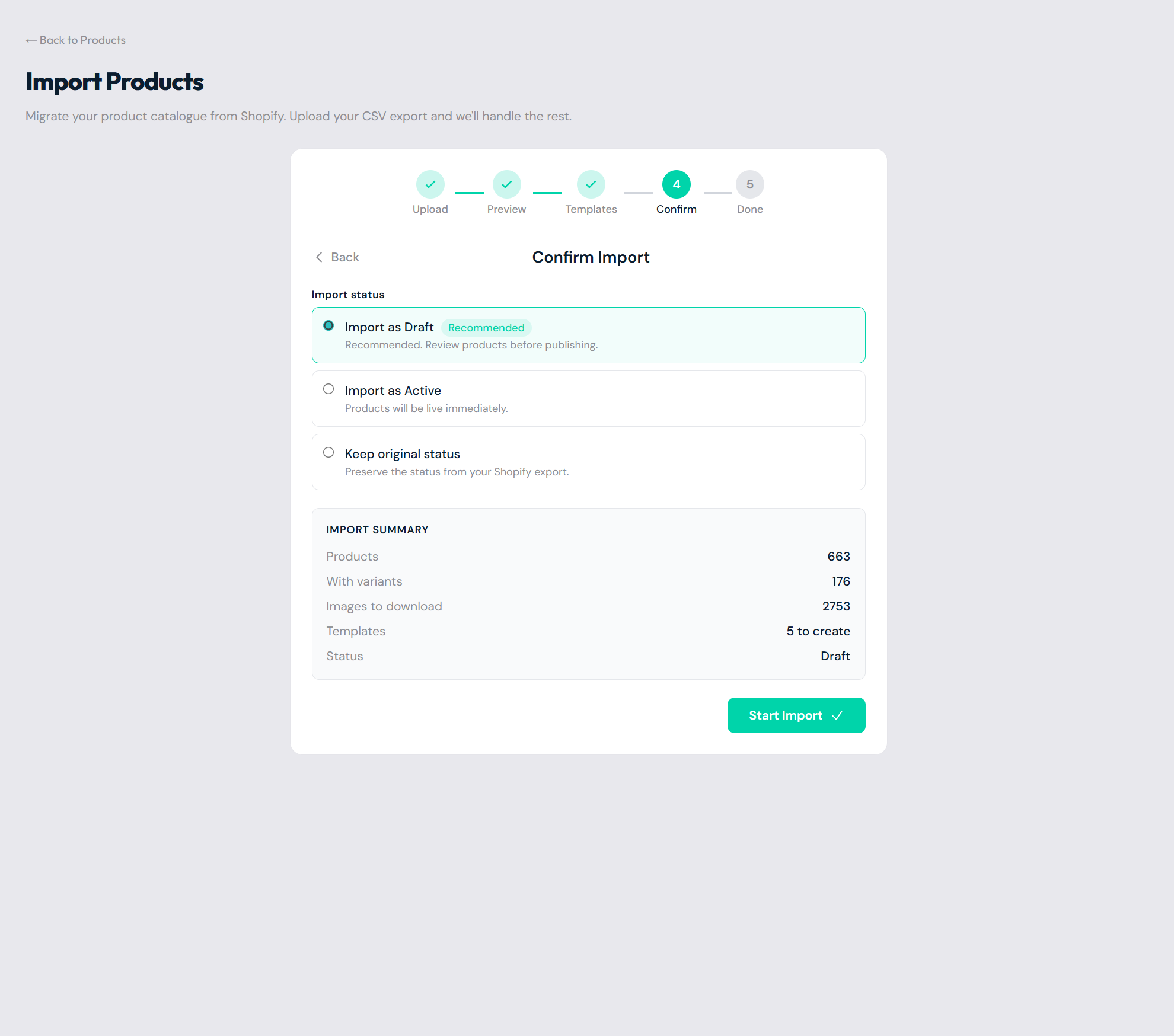 Haul import confirmation screen showing 663 products, 176 with variants, 2,753 images to download, and 5 templates to create